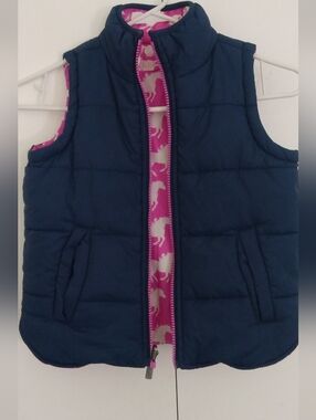 Girls Navy Puffer Vest with Pink Horse Print Lining